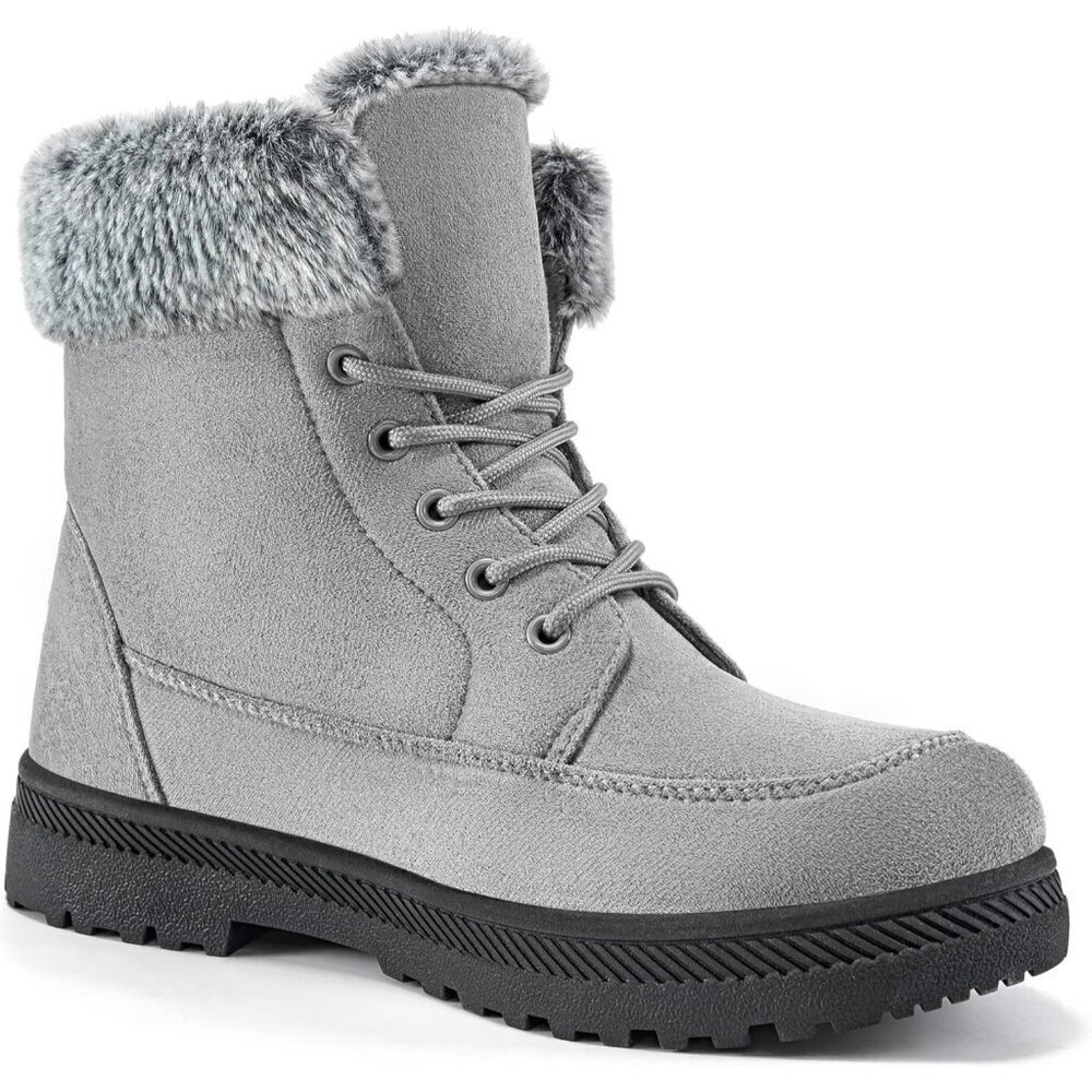 Alicegana Women's Winter Boots Snow Warm Fur Lined Lace Up Grey Non Slip Boots